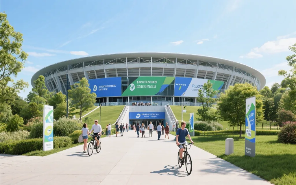 现代体育场馆外的自行车与步行人群，绿色植被与清爽天空，强调低碳出行